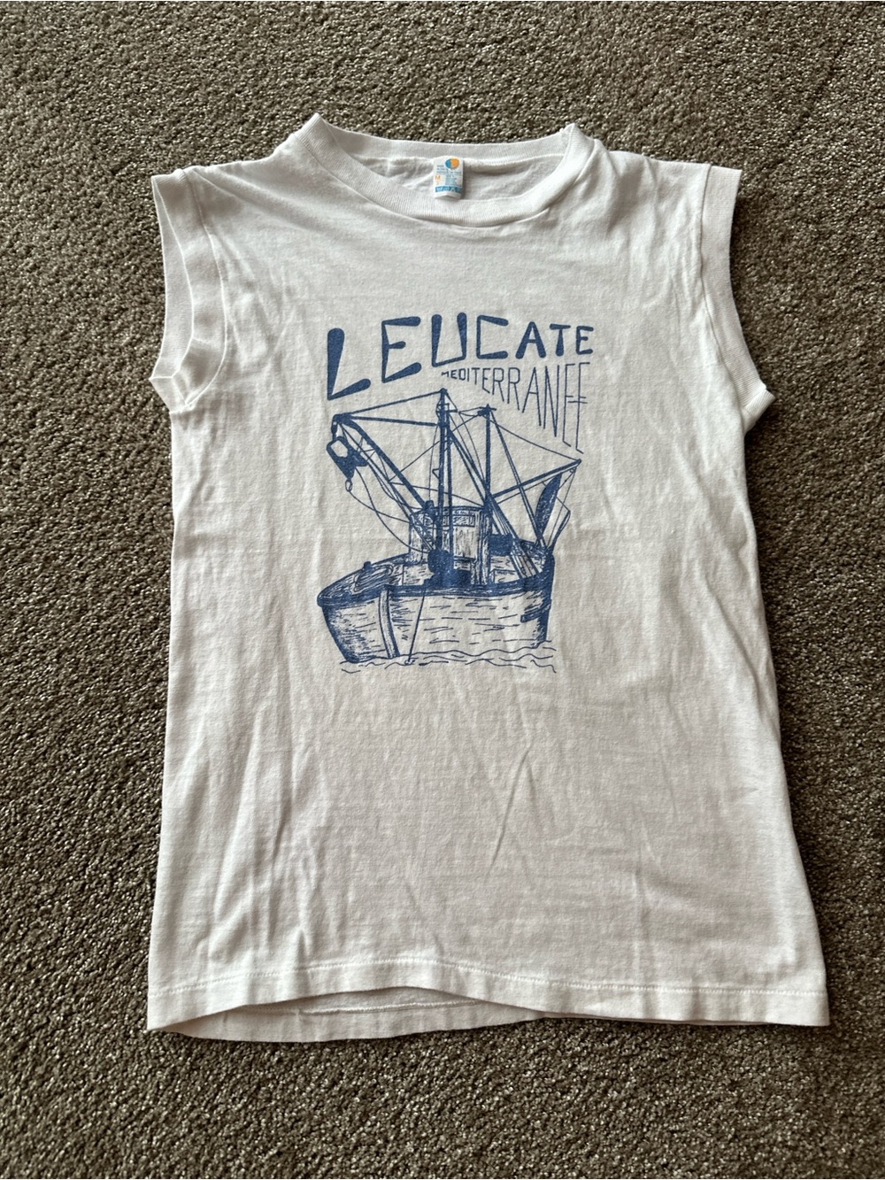 Girls White Sleeveless Graphic Tee with Navy Boat Print
